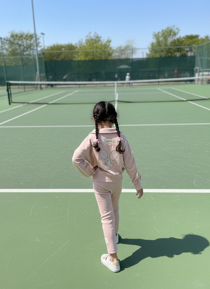 Tennis Club Koleksiyonu Çocuk Takımı – Sweatshirt, Ribana Tayt ve Büstiyer Seti Somon