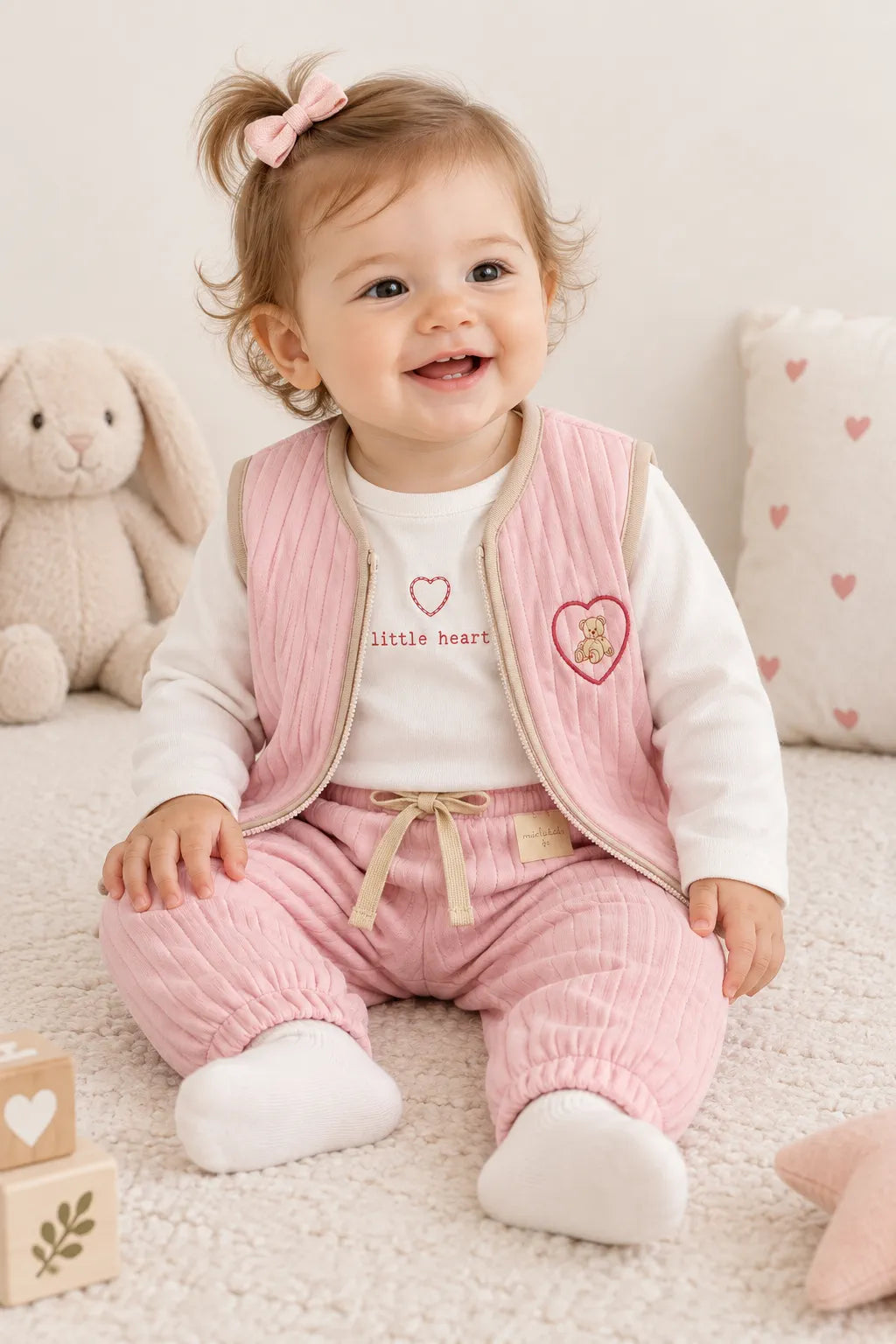 Teddy Bear Heart Kapitone Bebek Takımı - Şeker Pembesi