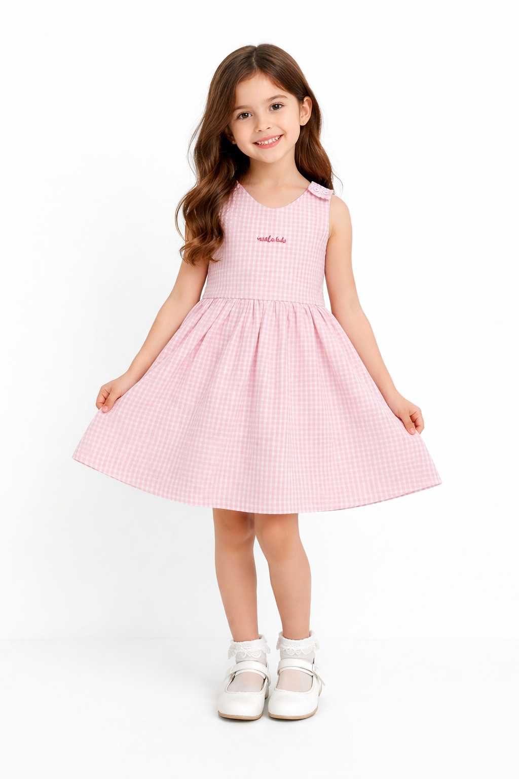 Cherry Detaylı Pembe Ekose Elbise