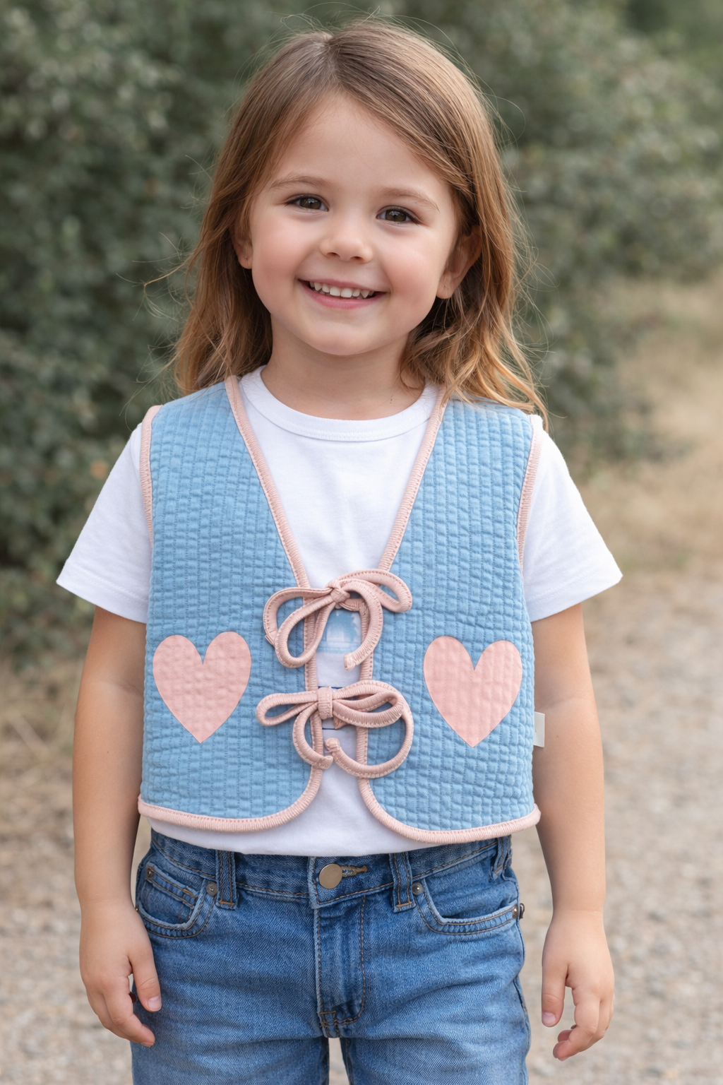Kalp Desenli Kapitone Crop Çocuk Yelek Gök Mavisi