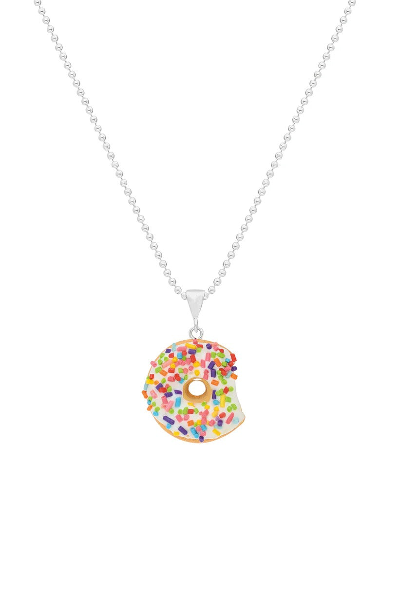 Tres Jolie Lollie Donut Silver Necklace - White Sprinkle