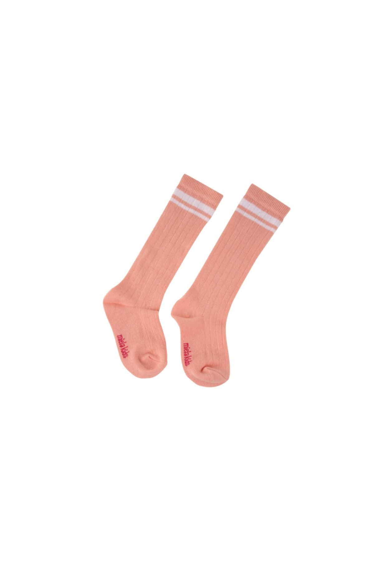 Unisex Pembe Beyaz Çizgili Fitilli Dizaltı Çorap